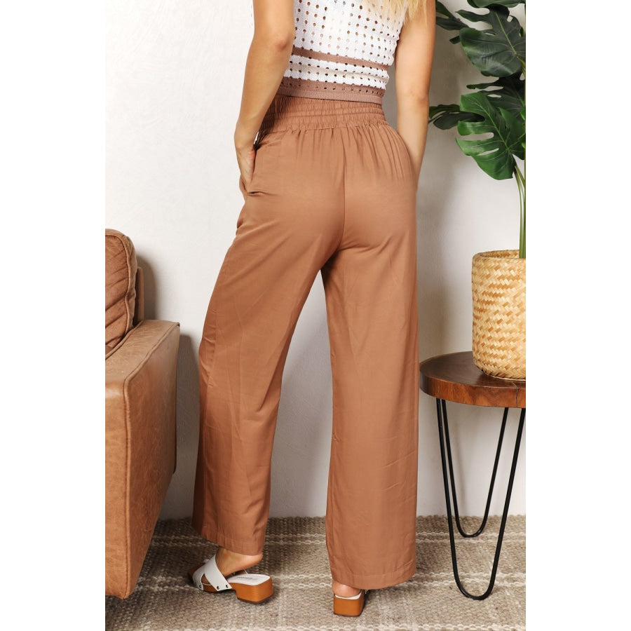 Double Take Drawstring Smocked Waist Wide Leg Pants