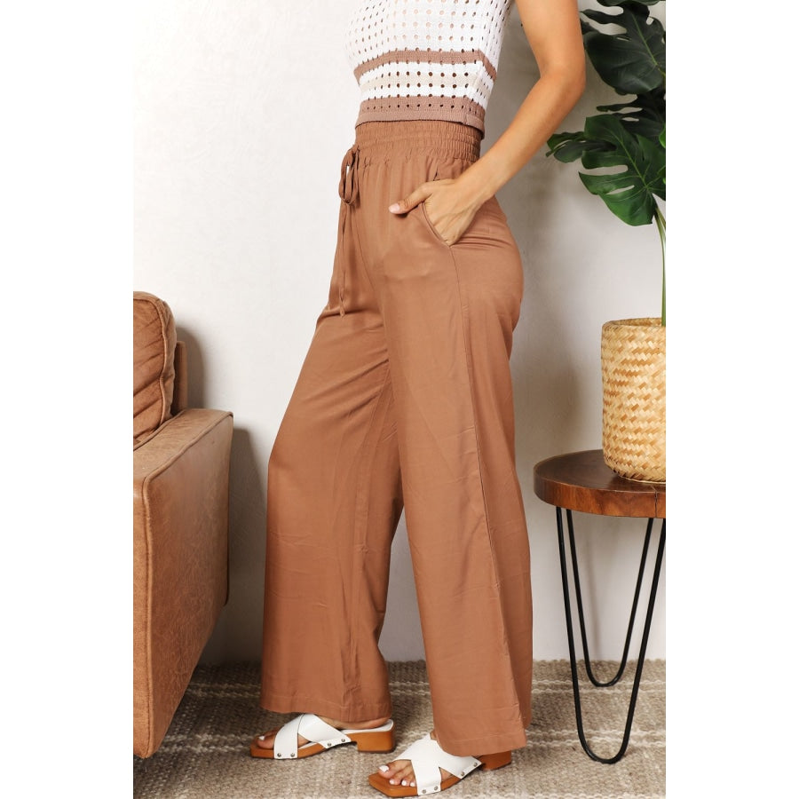 Double Take Drawstring Smocked Waist Wide Leg Pants