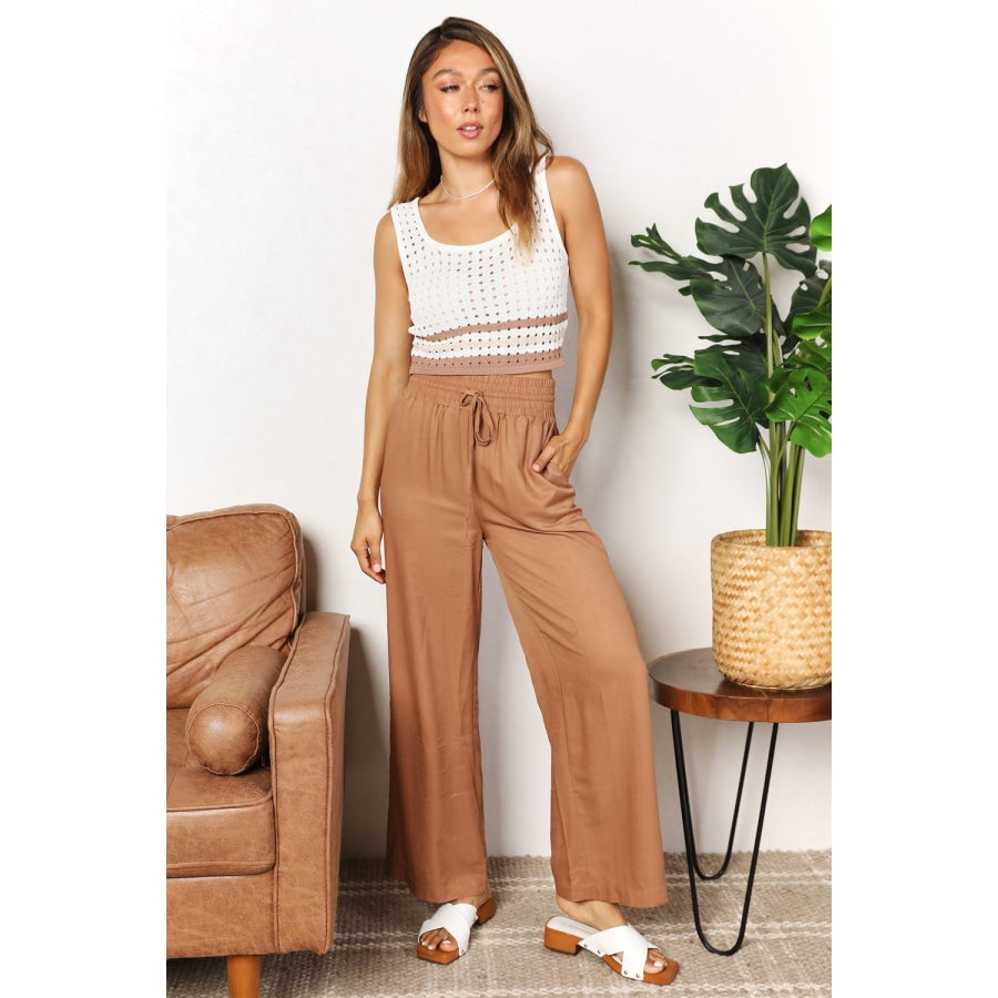 Double Take Drawstring Smocked Waist Wide Leg Pants