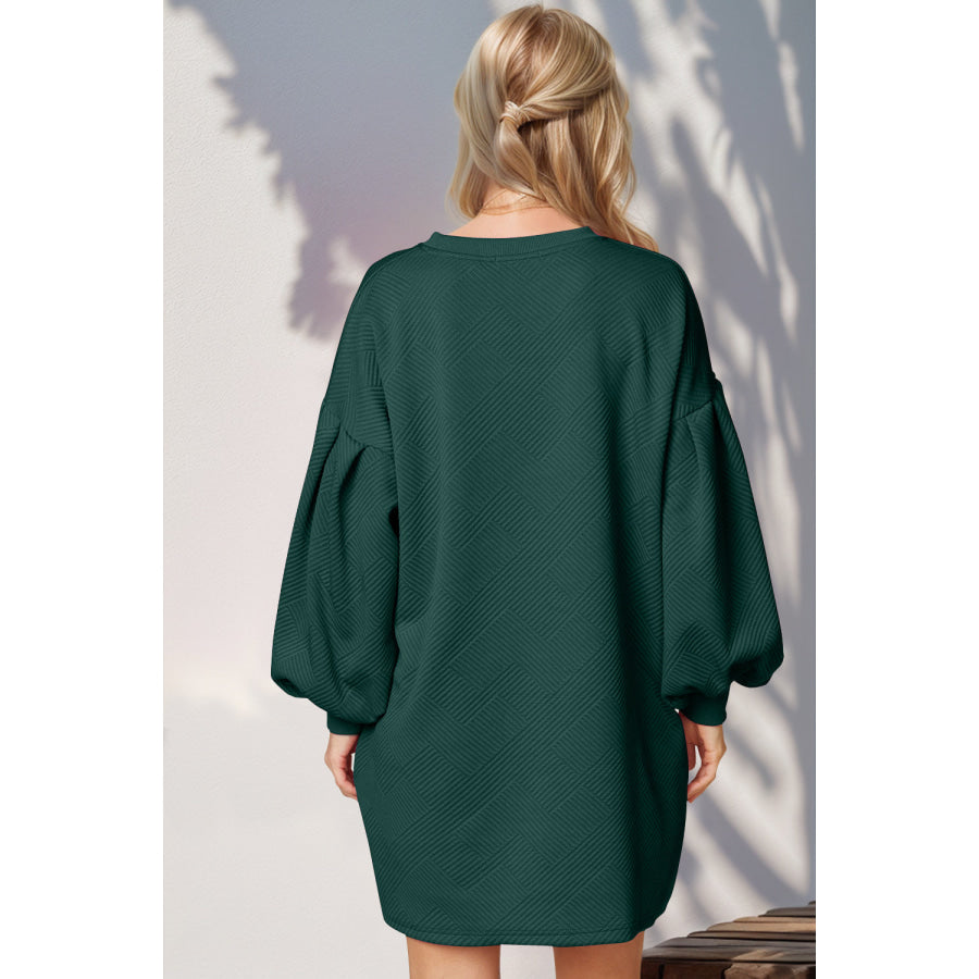 Double Take Drop Shoulder Lantern Sleeve Texture Mini Dress with Pockets Dark Green / S Apparel and Accessories