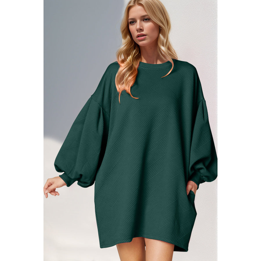 Double Take Drop Shoulder Lantern Sleeve Texture Mini Dress with Pockets Dark Green / S Apparel and Accessories