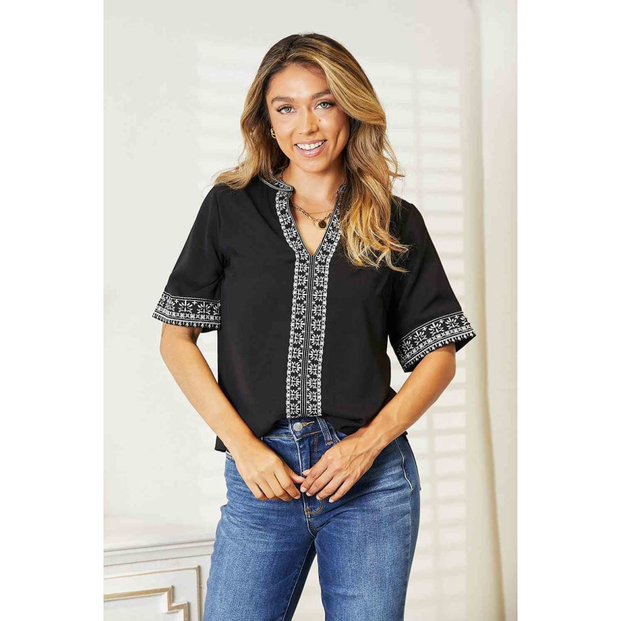 Double Take Embroidered Notched Neck Top Black / S Shirts &amp; Tops