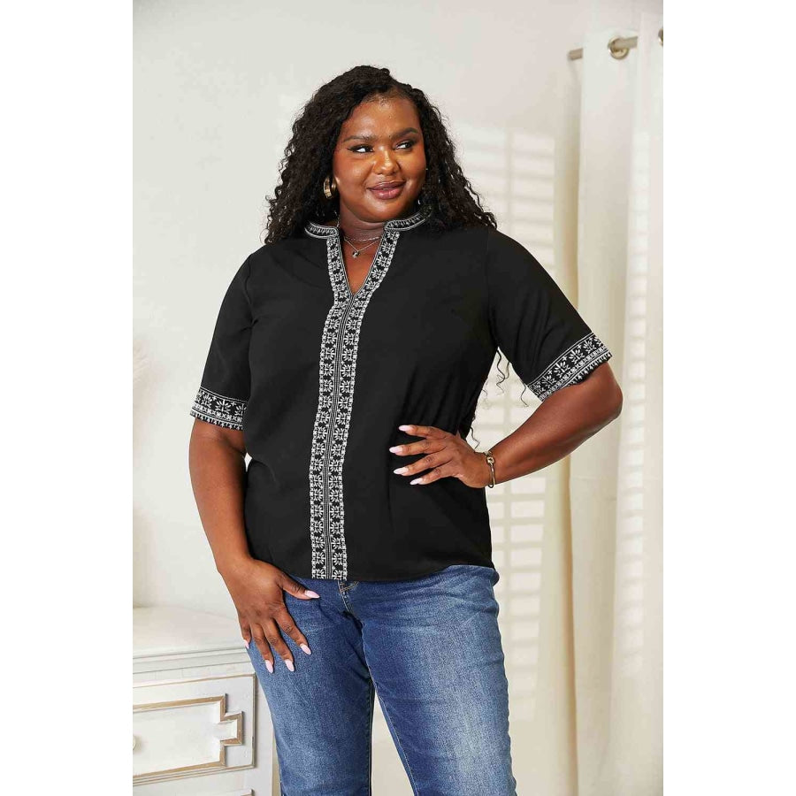 Double Take Embroidered Notched Neck Top Shirts &amp; Tops