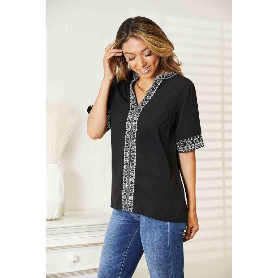 Double Take Embroidered Notched Neck Top Shirts &amp; Tops