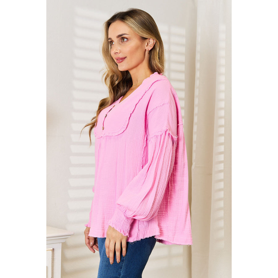 Double Take Exposed Seam Buttoned Notched Neck Blouse Apparel and Accessories