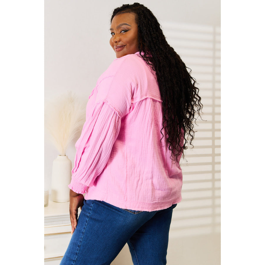 Double Take Exposed Seam Buttoned Notched Neck Blouse Pink / S Apparel and Accessories