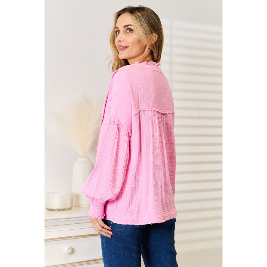 Double Take Exposed Seam Buttoned Notched Neck Blouse Apparel and Accessories