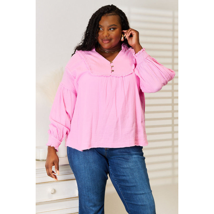 Double Take Exposed Seam Buttoned Notched Neck Blouse Pink / S Apparel and Accessories