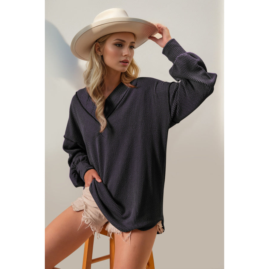 Double Take Exposed Seam Ribbed Textured V-Neck Long Sleeve T-Shirt Apparel and Accessories