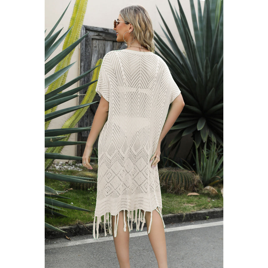 Double Take Eyelet Fringe Hem Longline Knit Cover Up Apparel and Accessories