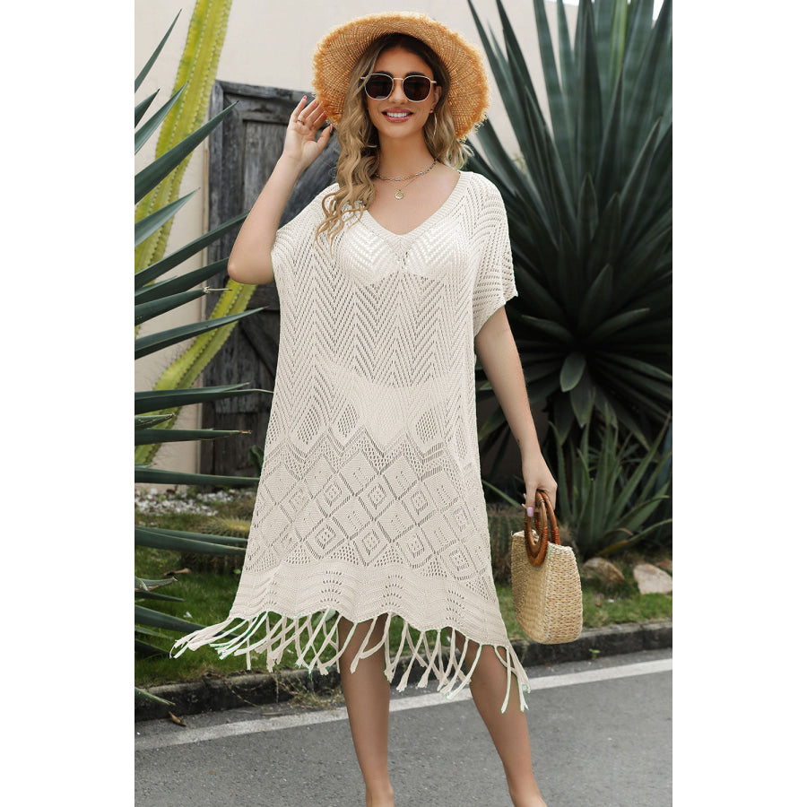 Double Take Eyelet Fringe Hem Longline Knit Cover Up Apparel and Accessories