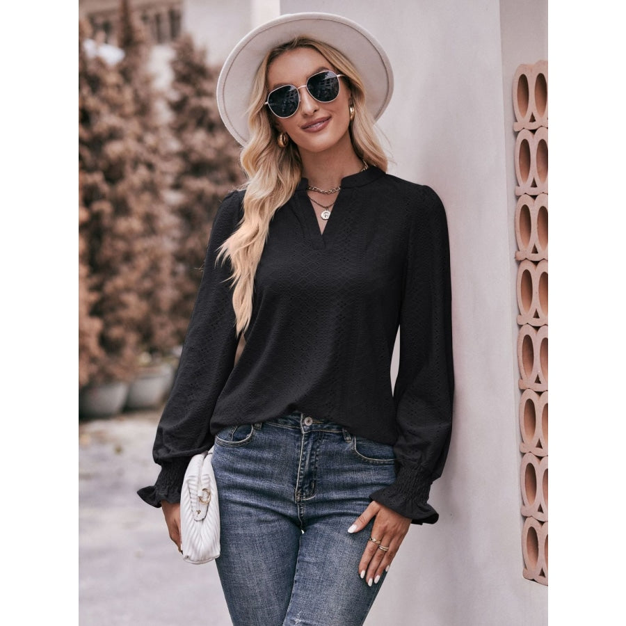 Double Take Eyelet Notched Neck Flounce Sleeve Blouse Black / S