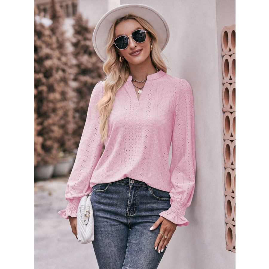 Double Take Eyelet Notched Neck Flounce Sleeve Blouse Blush Pink / S