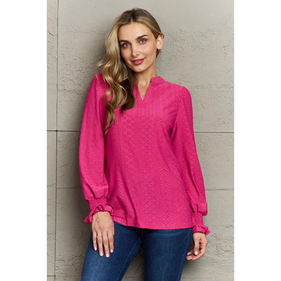 Double Take Eyelet Notched Neck Flounce Sleeve Blouse Deep Rose / S