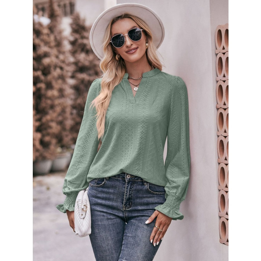 Double Take Eyelet Notched Neck Flounce Sleeve Blouse Light Green / S