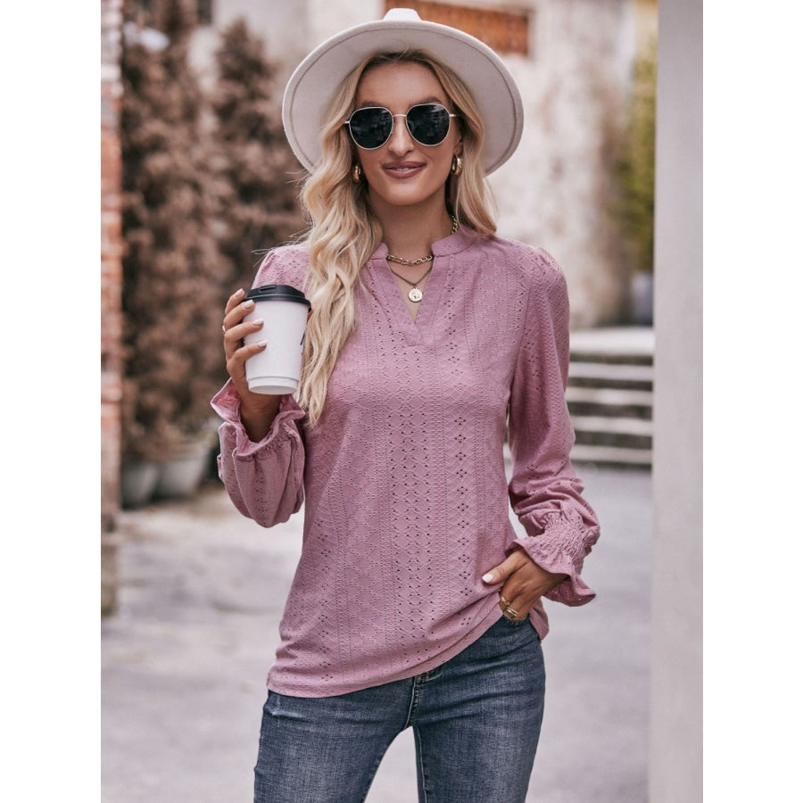 Double Take Eyelet Notched Neck Flounce Sleeve Blouse