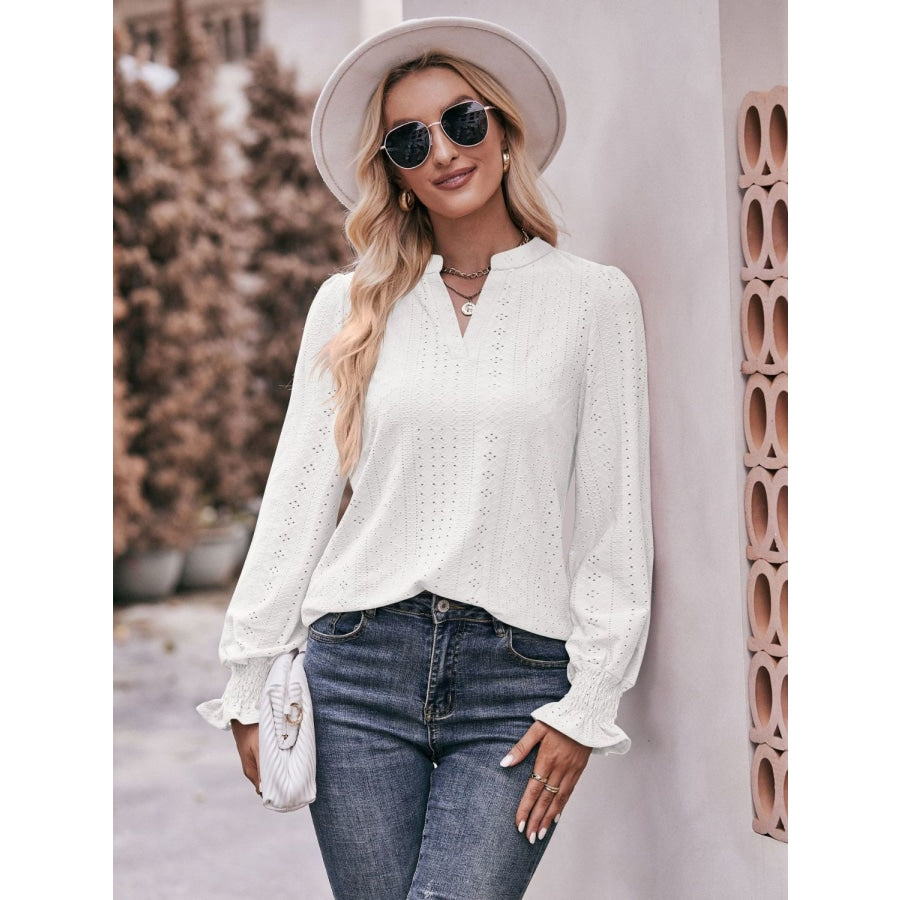 Double Take Eyelet Notched Neck Flounce Sleeve Blouse White / S