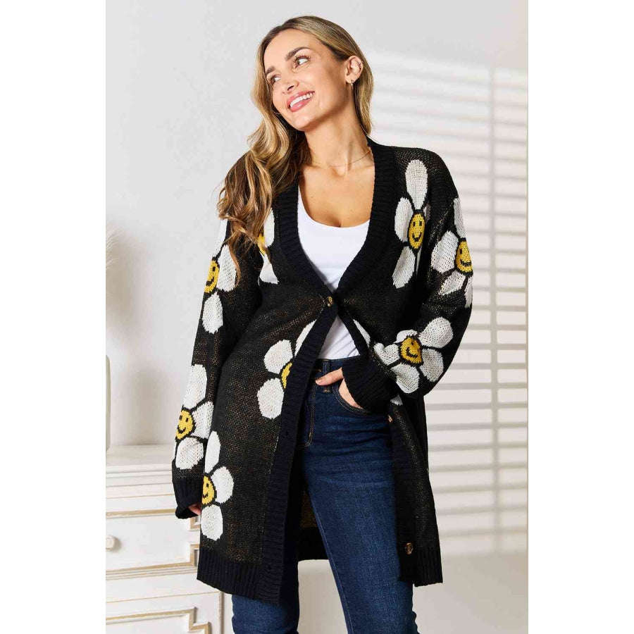 Double Take Floral Button Down Longline Cardigan Sweater