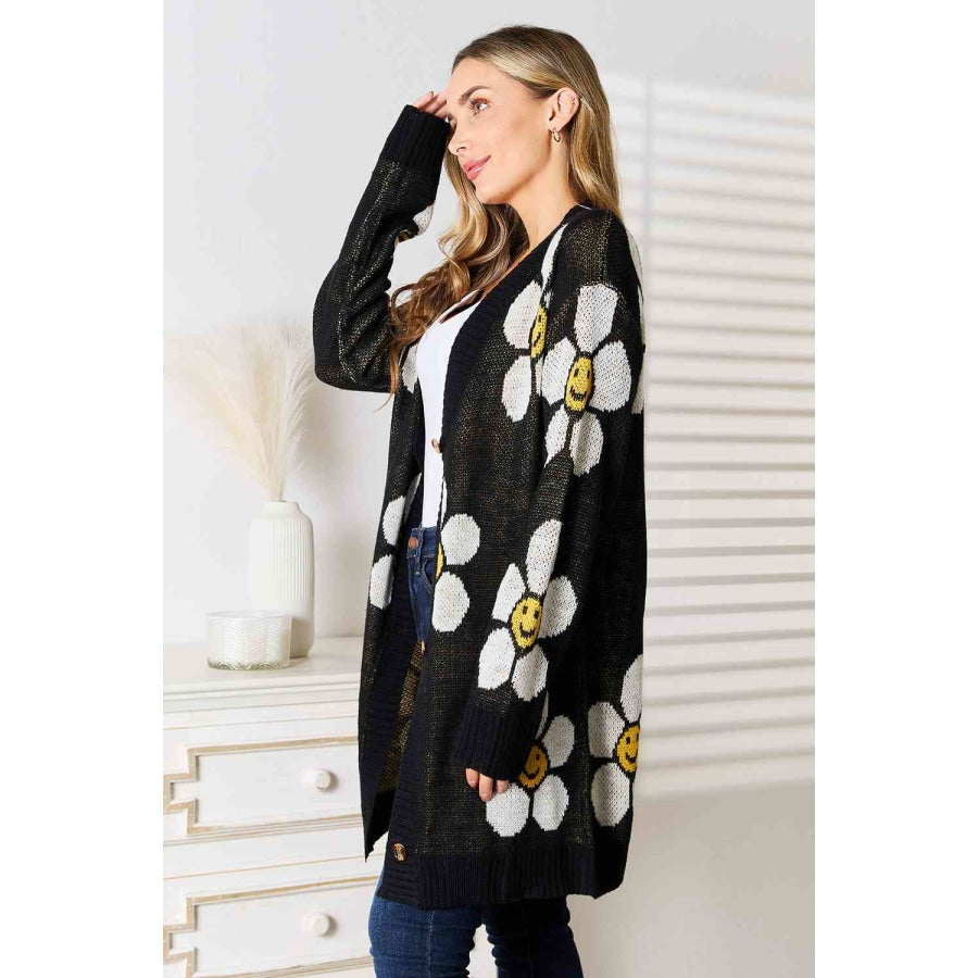 Double Take Floral Button Down Longline Cardigan Sweater
