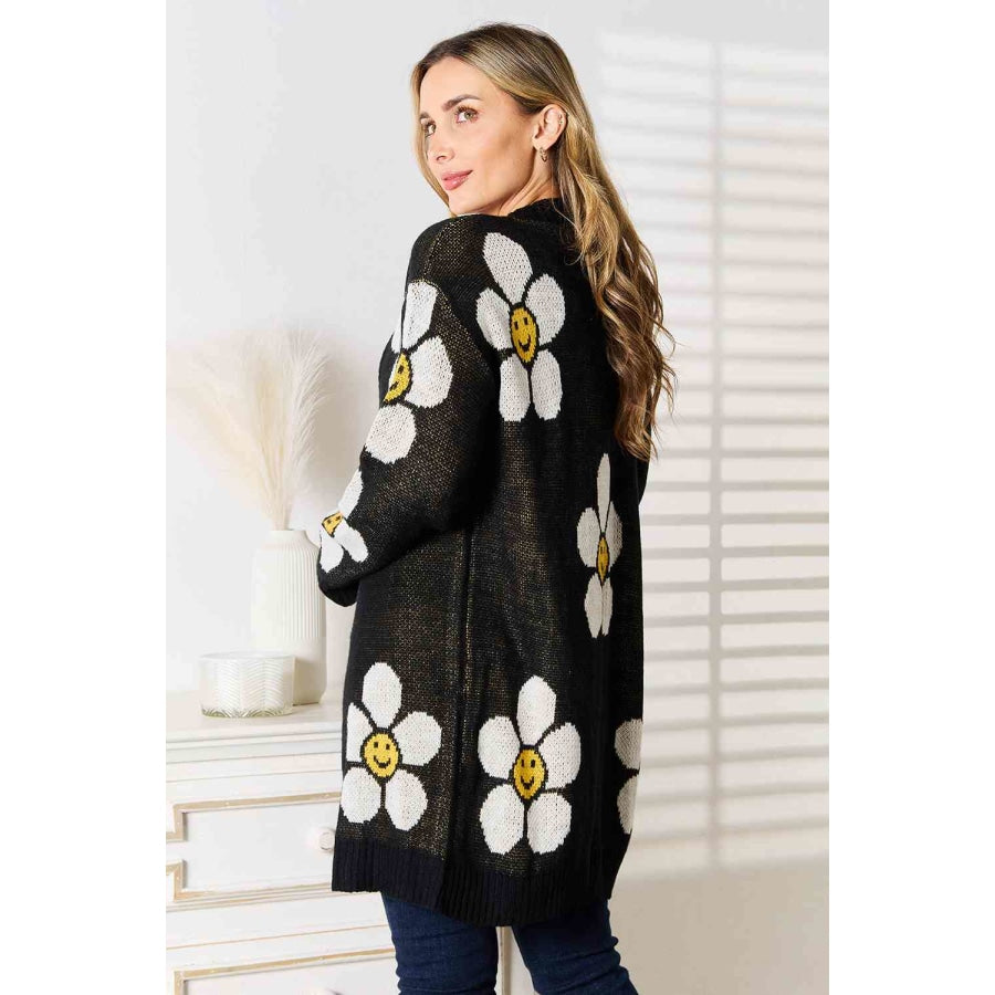 Double Take Floral Button Down Longline Cardigan Black / S Sweater