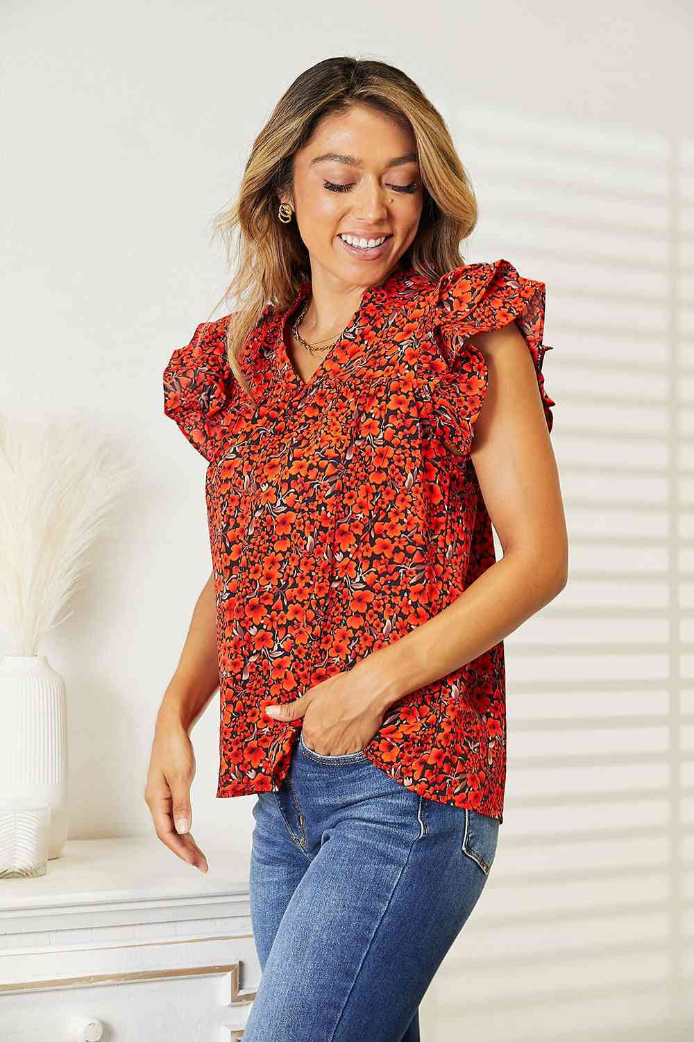 Double Take Floral Flutter Sleeve Notched Neck Blouse Apparel and Accessories