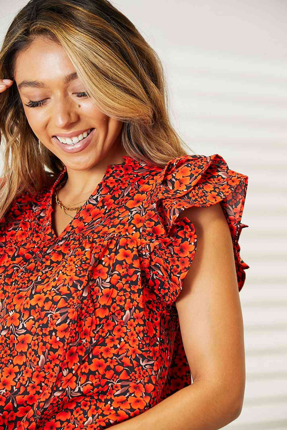 Double Take Floral Flutter Sleeve Notched Neck Blouse Apparel and Accessories