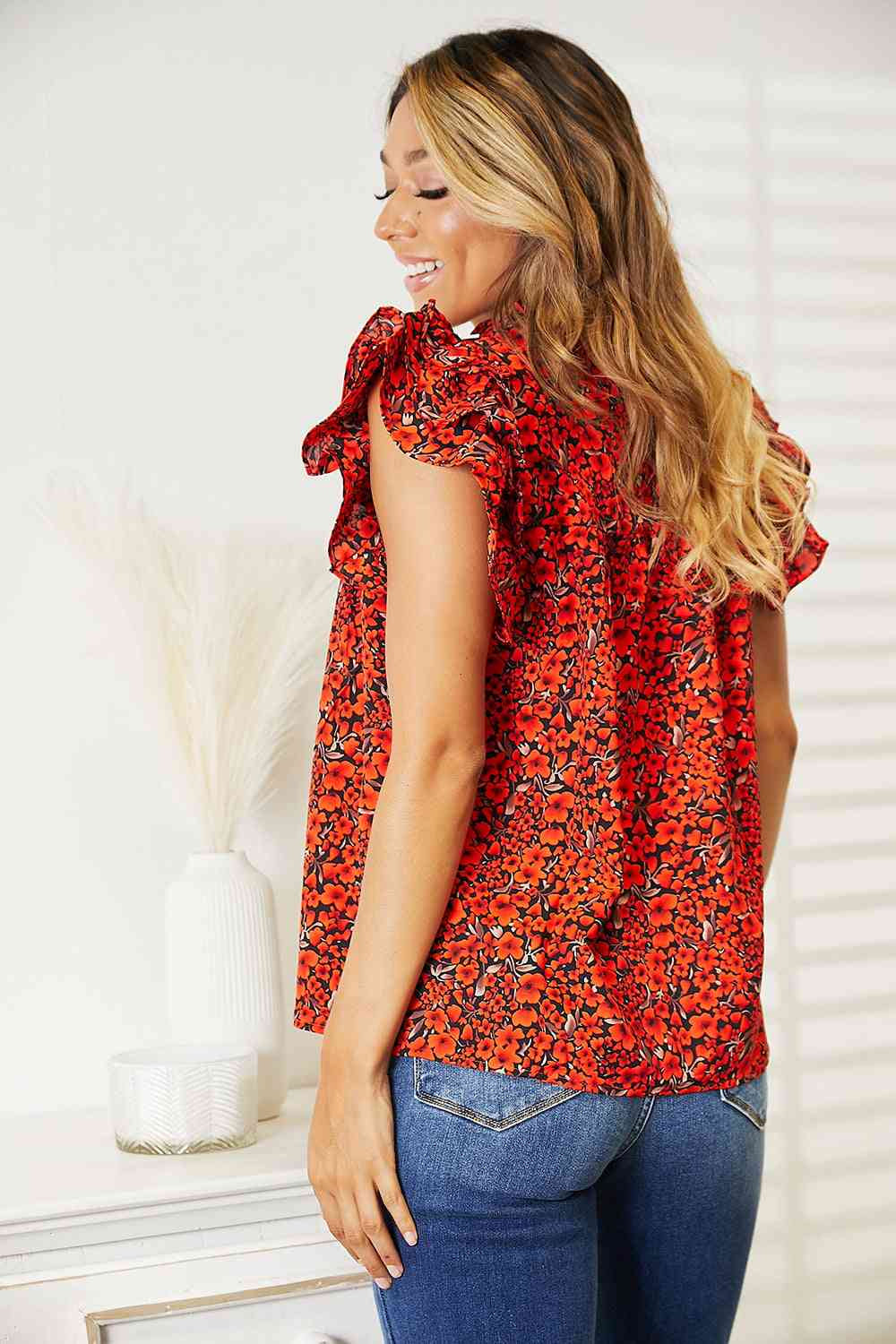 Double Take Floral Flutter Sleeve Notched Neck Blouse Apparel and Accessories