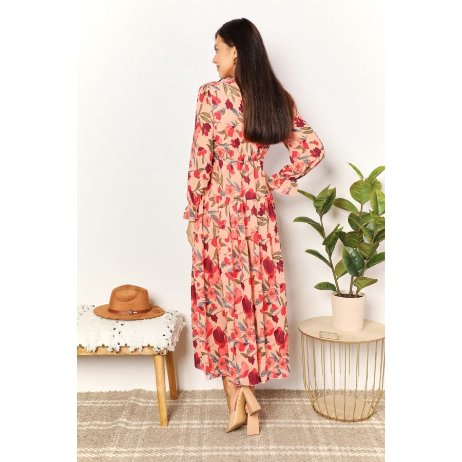 Double Take Floral Frill Trim Flounce Sleeve Plunge Maxi Dress Floral / S