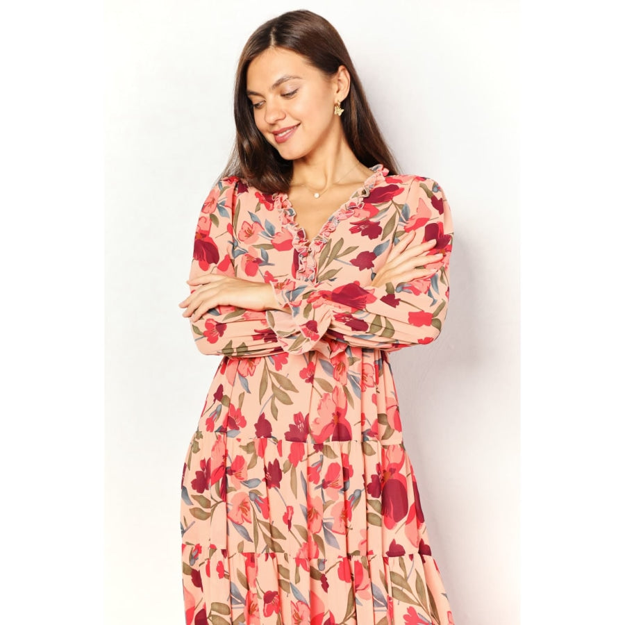 Double Take Floral Frill Trim Flounce Sleeve Plunge Maxi Dress