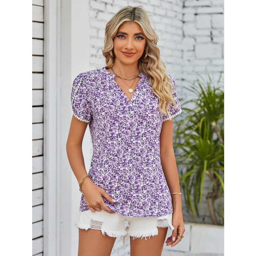 Double Take Floral Notched Neck Blouse Purple / S Apparel and Accessories