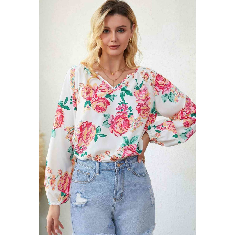 Double Take Floral Notched Neck Long Sleeve Blouse Floral / S Shirts &amp; Tops