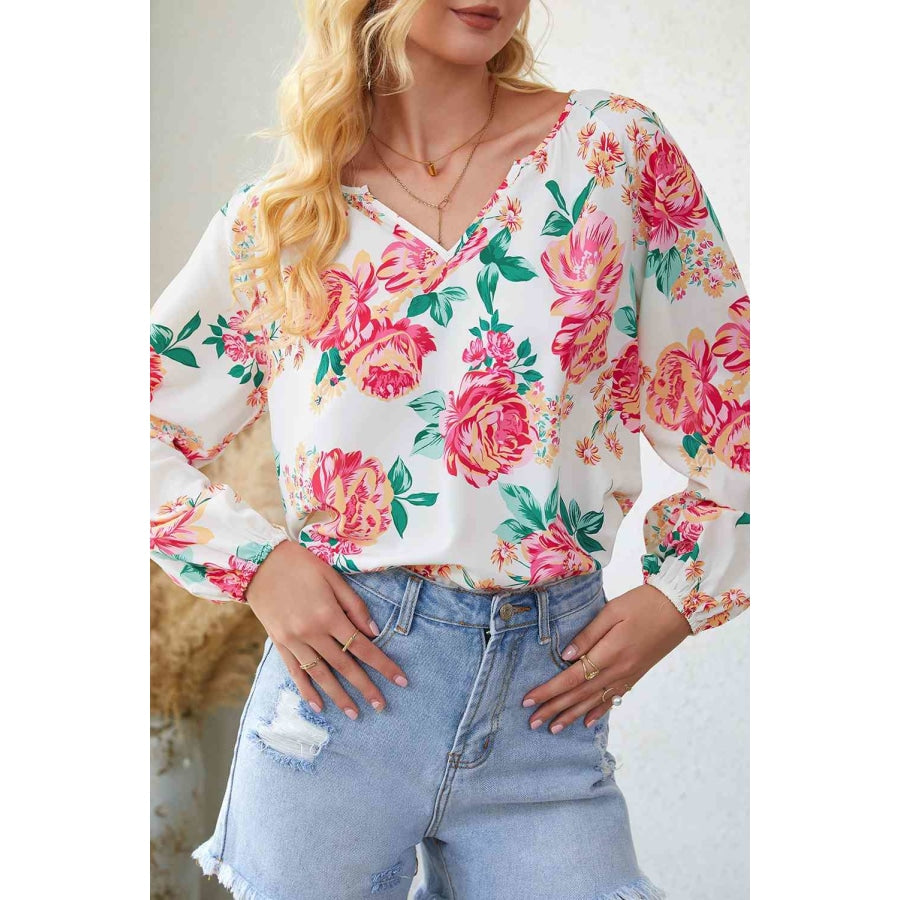 Double Take Floral Notched Neck Long Sleeve Blouse Shirts &amp; Tops
