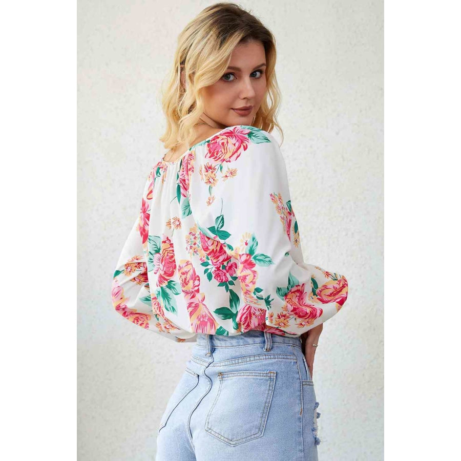 Double Take Floral Notched Neck Long Sleeve Blouse Shirts &amp; Tops