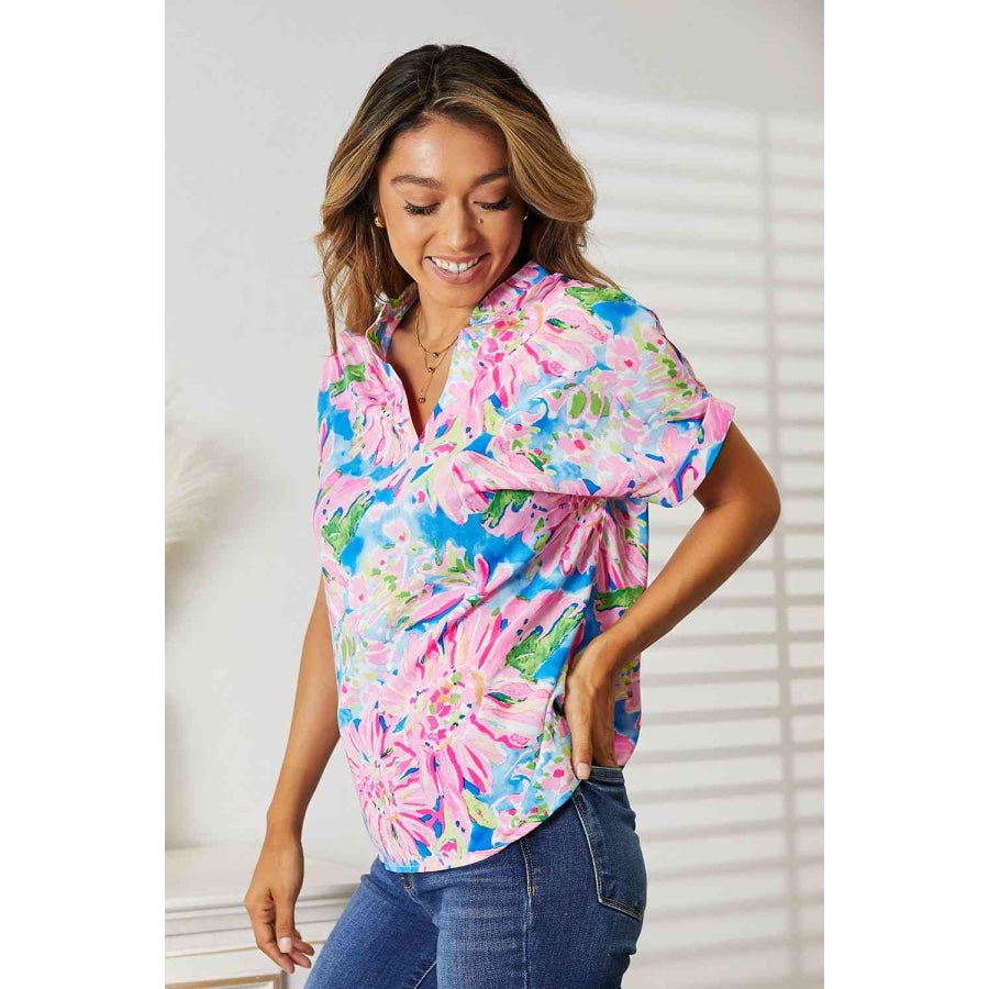 Double Take Floral Notched Neck Short Sleeve Top Apparel and Accessories