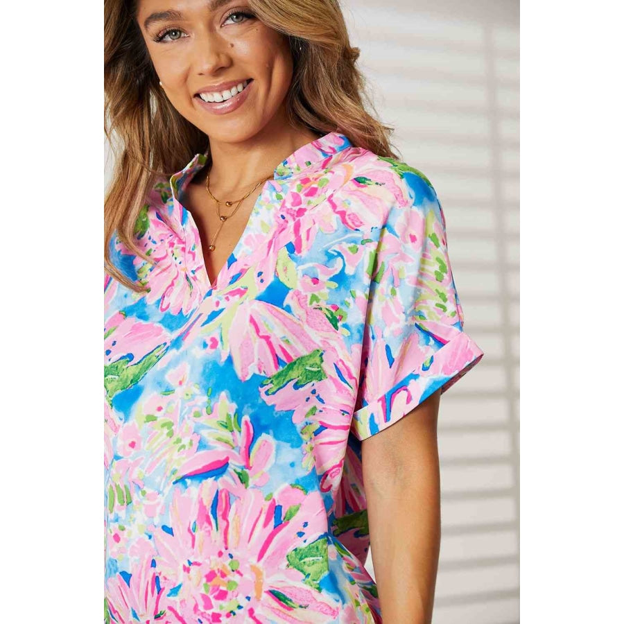 Double Take Floral Notched Neck Short Sleeve Top Apparel and Accessories