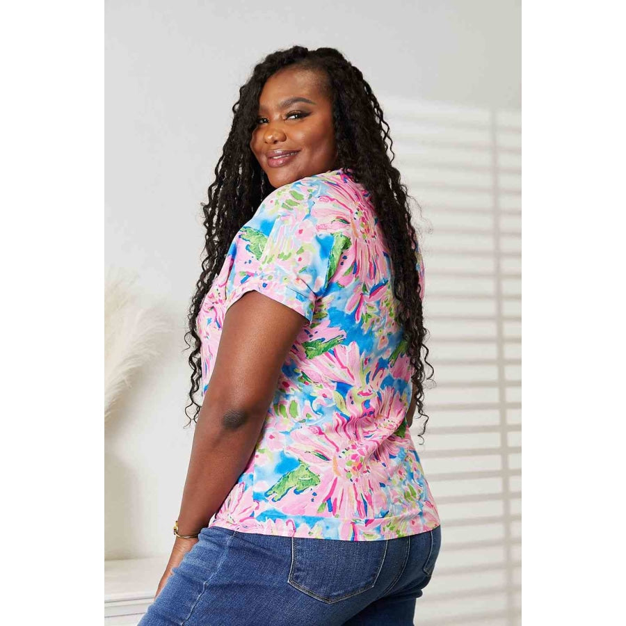 Double Take Floral Notched Neck Short Sleeve Top Multicolor / S Apparel and Accessories