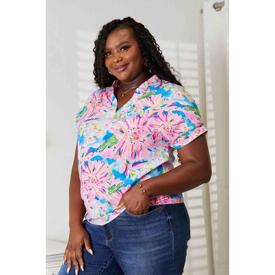 Double Take Floral Notched Neck Short Sleeve Top Apparel and Accessories