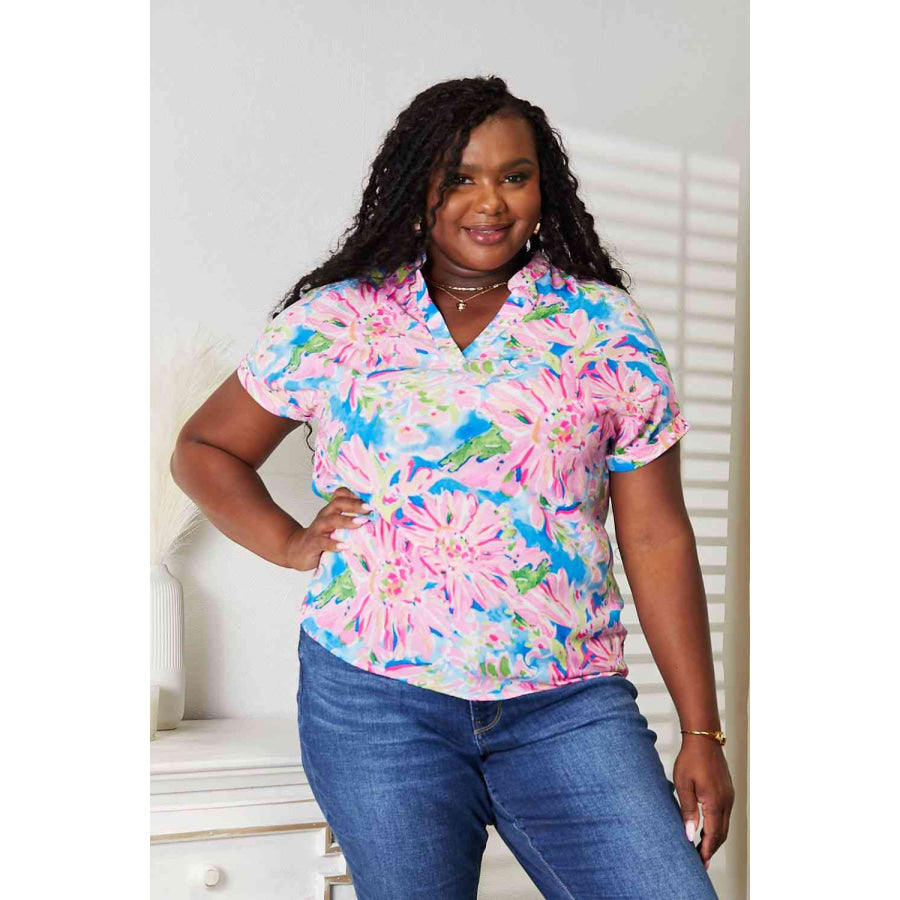 Double Take Floral Notched Neck Short Sleeve Top Multicolor / S Apparel and Accessories