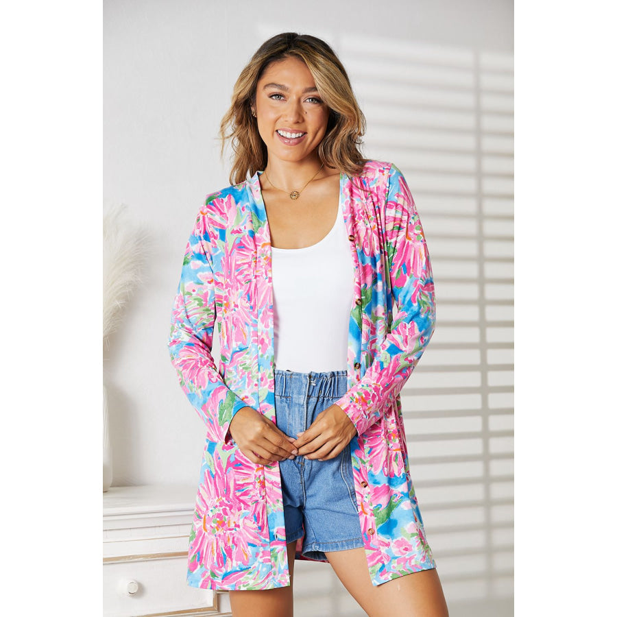 Double Take Floral Open Front Long Sleeve Cardigan Apparel and Accessories