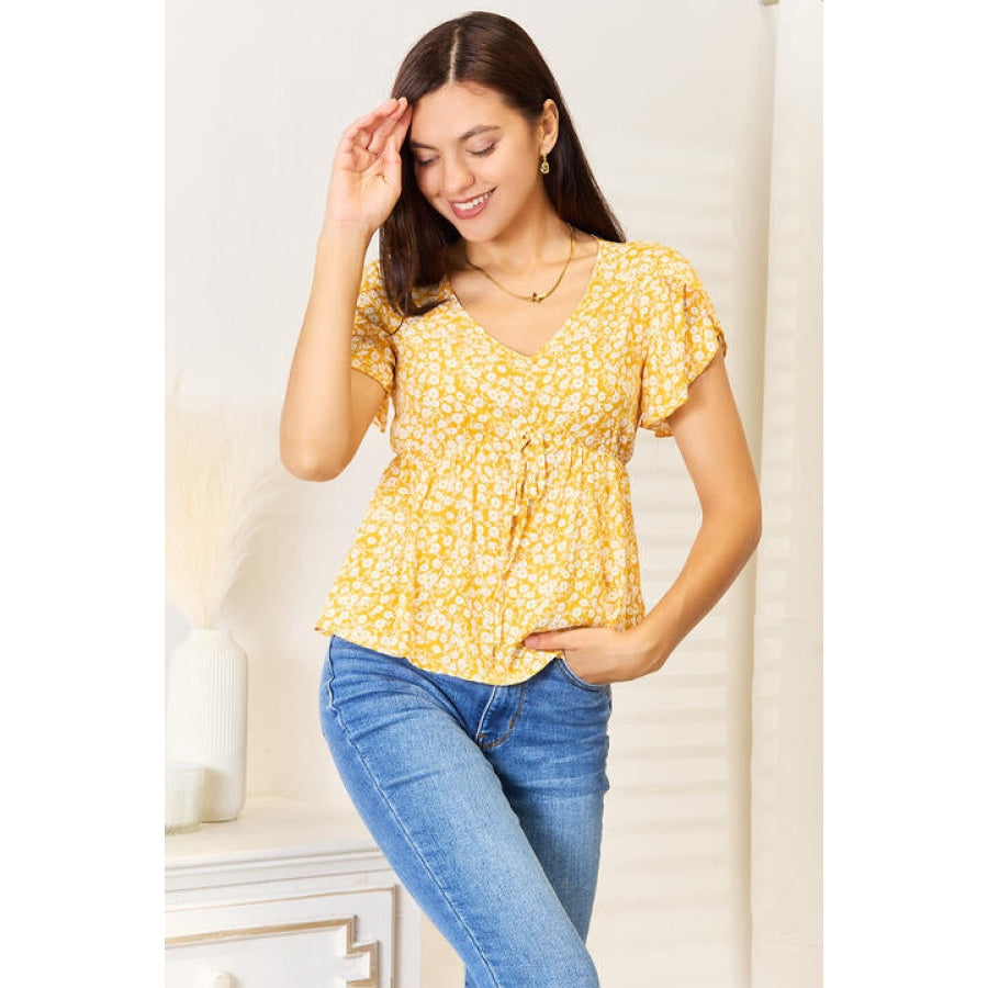 Double Take Floral Petal Sleeve Babydoll Top Mustard / S Apparel and Accessories