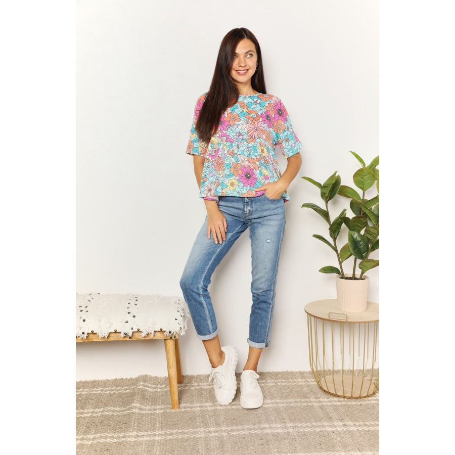 Double Take Floral Round Neck Babydoll Top