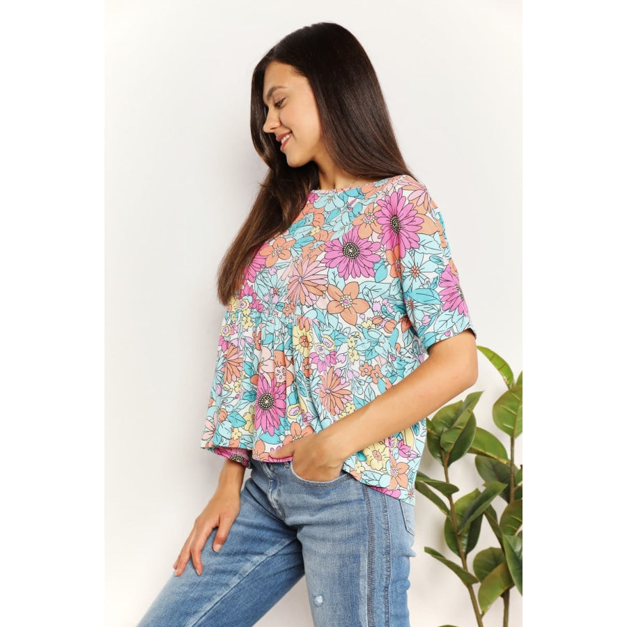 Double Take Floral Round Neck Babydoll Top