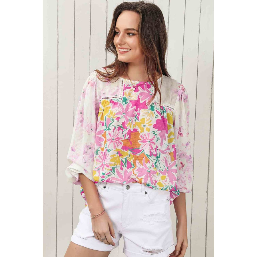 Double Take Floral Round Neck Flounce Sleeve Blouse Apparel and Accessories