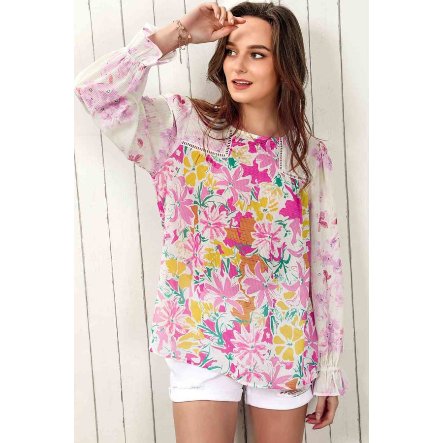 Double Take Floral Round Neck Flounce Sleeve Blouse Apparel and Accessories