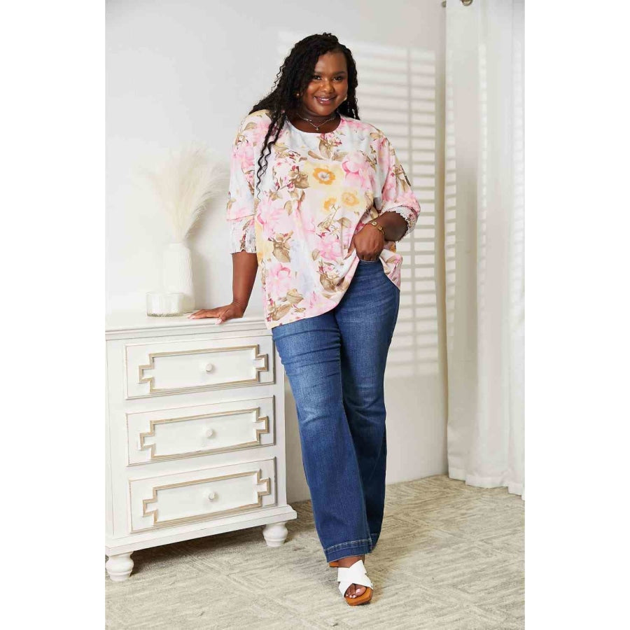 Double Take Floral Round Neck Three-Quarter Sleeve Top Apparel and Accessories