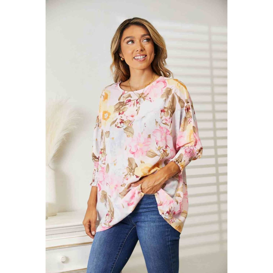 Double Take Floral Round Neck Three-Quarter Sleeve Top Apparel and Accessories