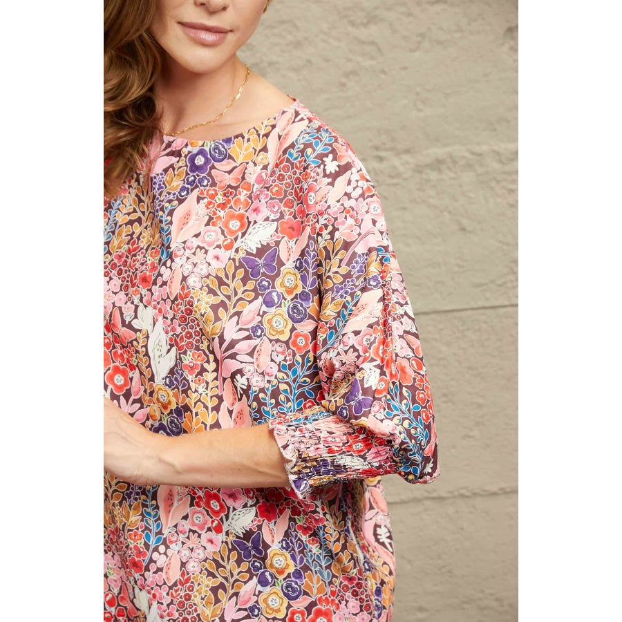 Double Take Floral Round Neck Three-Quarter Sleeve Top Apparel and Accessories