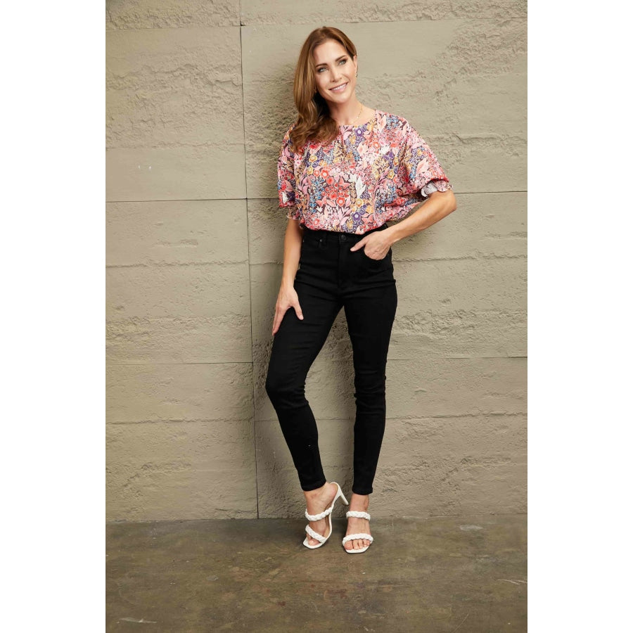 Double Take Floral Round Neck Three-Quarter Sleeve Top Apparel and Accessories