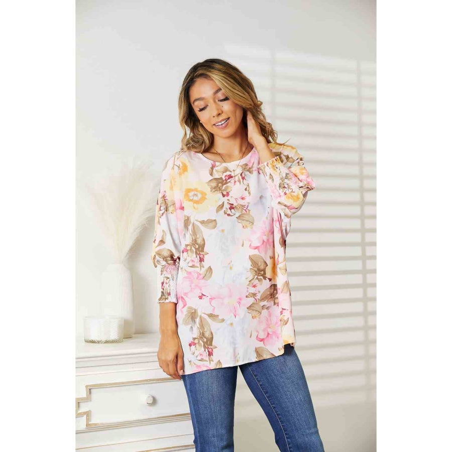 Double Take Floral Round Neck Three-Quarter Sleeve Top Apparel and Accessories