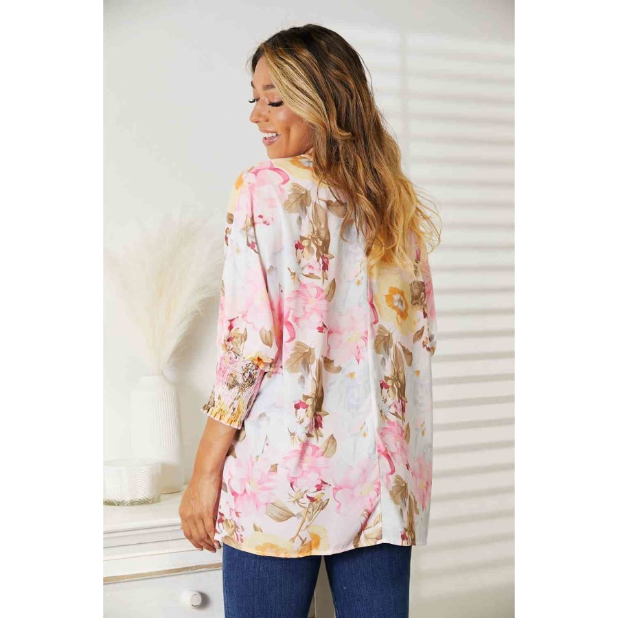 Double Take Floral Round Neck Three-Quarter Sleeve Top Blush Pink / S Apparel and Accessories